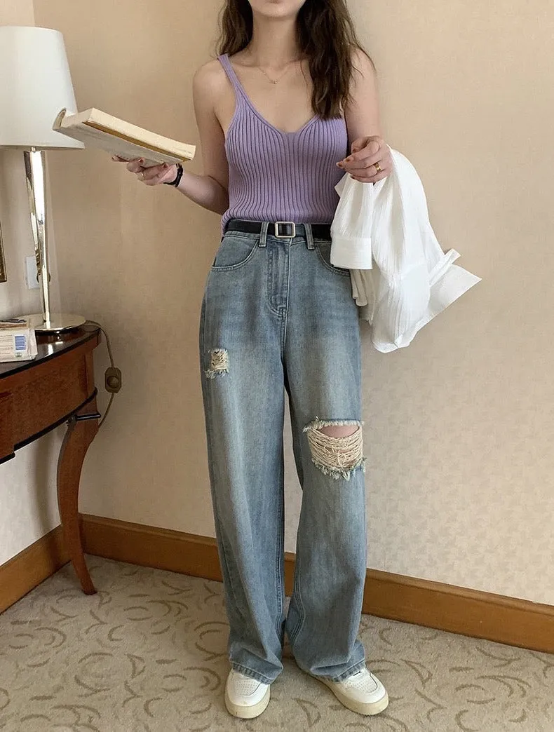 [Korean Style] High Rise Vintage Wash Wide Leg Ripped Jeans