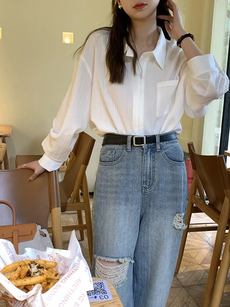 [Korean Style] High Rise Vintage Wash Wide Leg Ripped Jeans