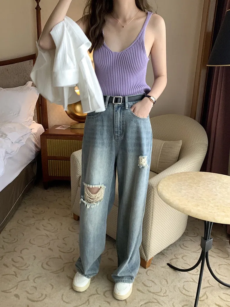 [Korean Style] High Rise Vintage Wash Wide Leg Ripped Jeans