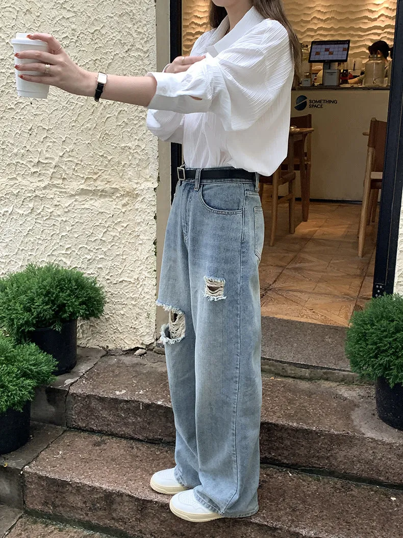 [Korean Style] High Rise Vintage Wash Wide Leg Ripped Jeans