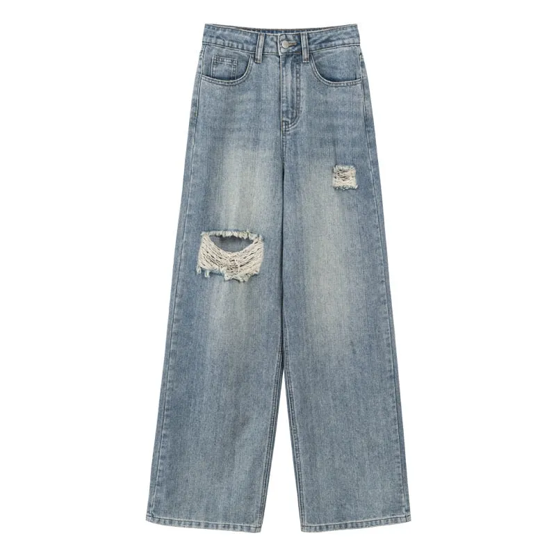 [Korean Style] High Rise Vintage Wash Wide Leg Ripped Jeans