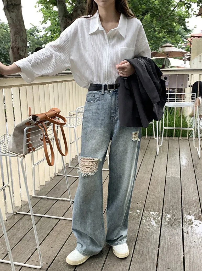 [Korean Style] High Rise Vintage Wash Wide Leg Ripped Jeans