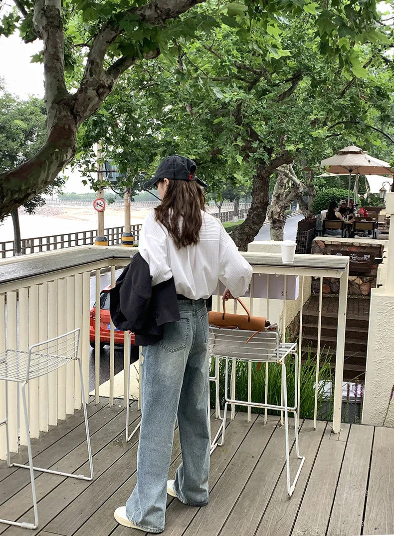 [Korean Style] High Rise Vintage Wash Wide Leg Ripped Jeans