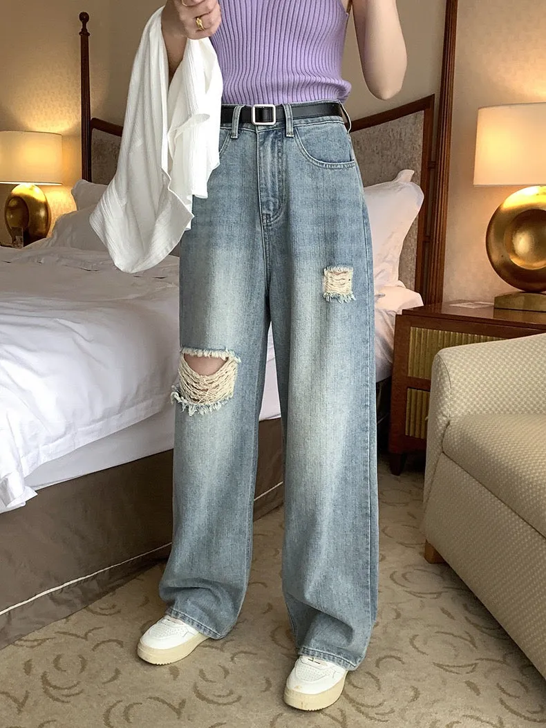 [Korean Style] High Rise Vintage Wash Wide Leg Ripped Jeans
