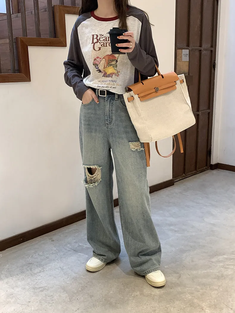 [Korean Style] High Rise Vintage Wash Wide Leg Ripped Jeans