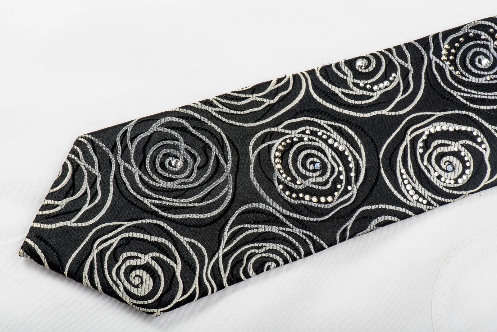 Lancetti Mens Rhinestone Necktie Abstract Silver Floral On Black