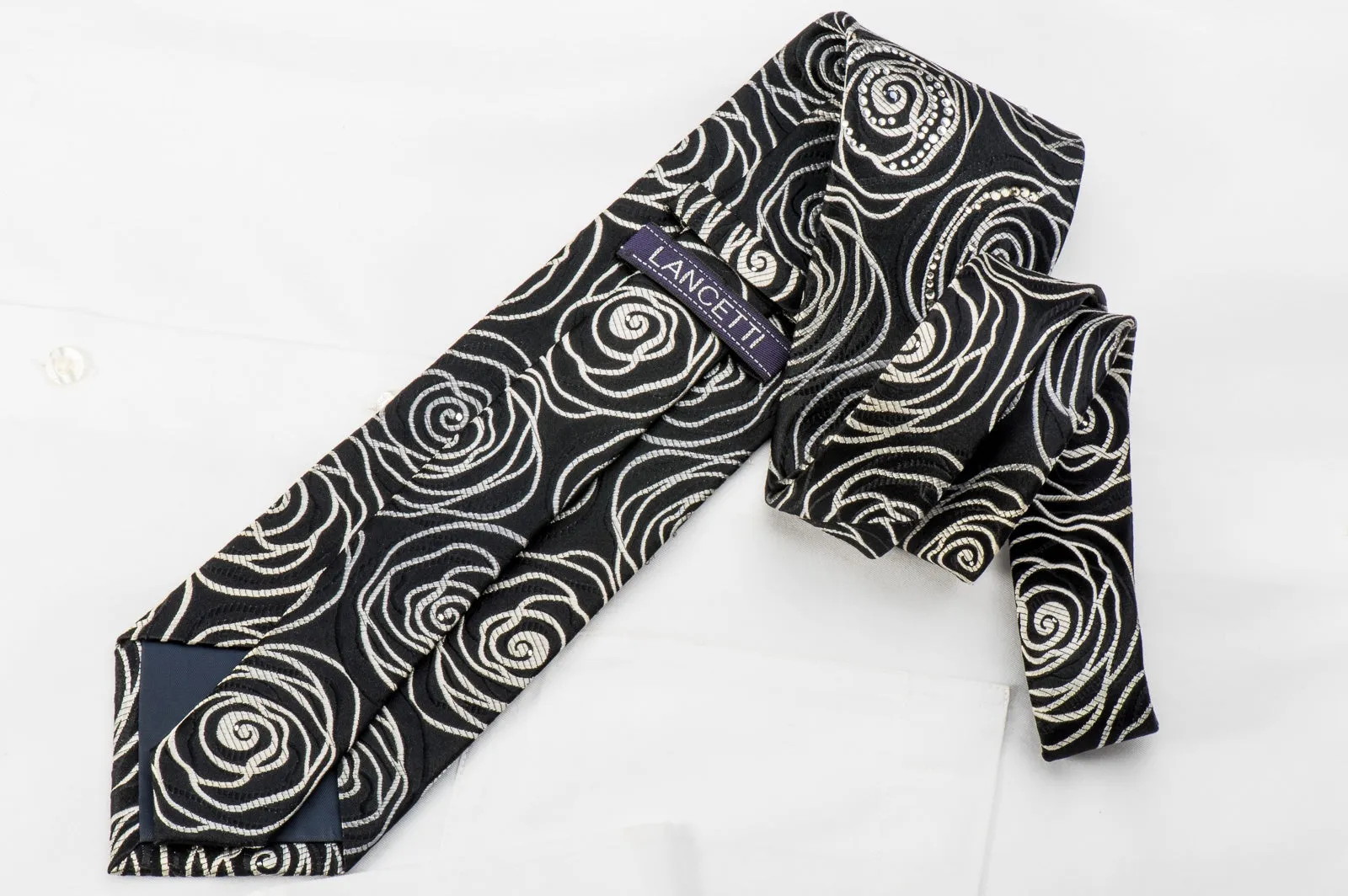 Lancetti Mens Rhinestone Necktie Abstract Silver Floral On Black
