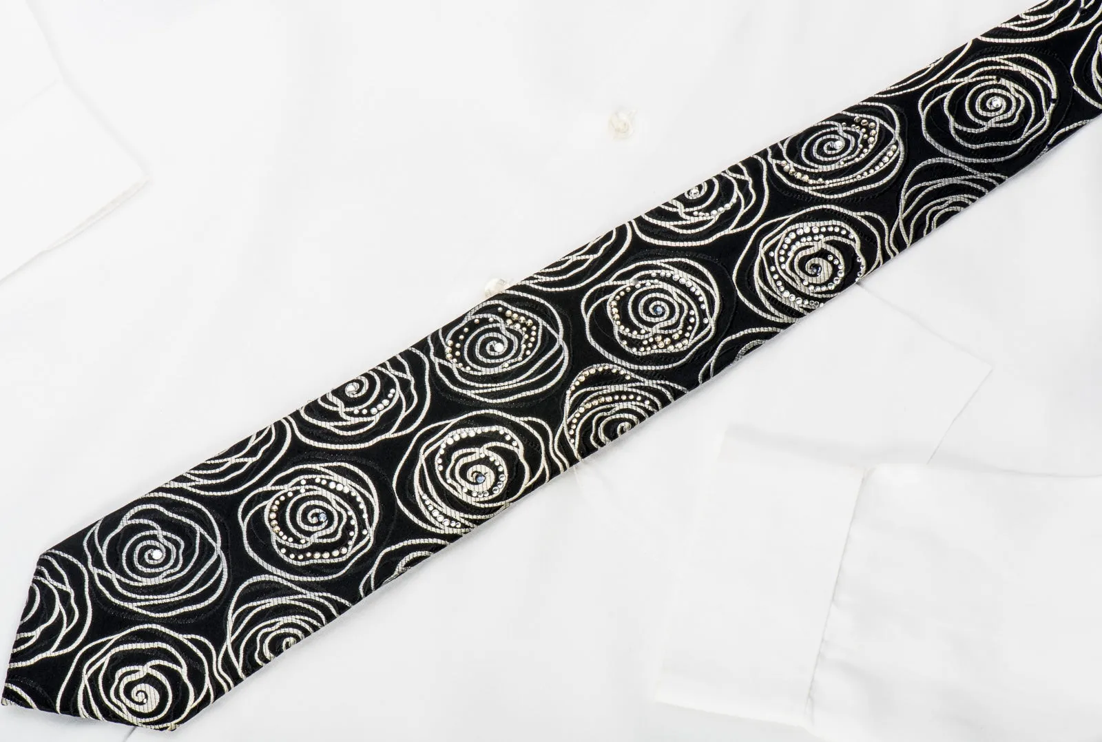 Lancetti Mens Rhinestone Necktie Abstract Silver Floral On Black
