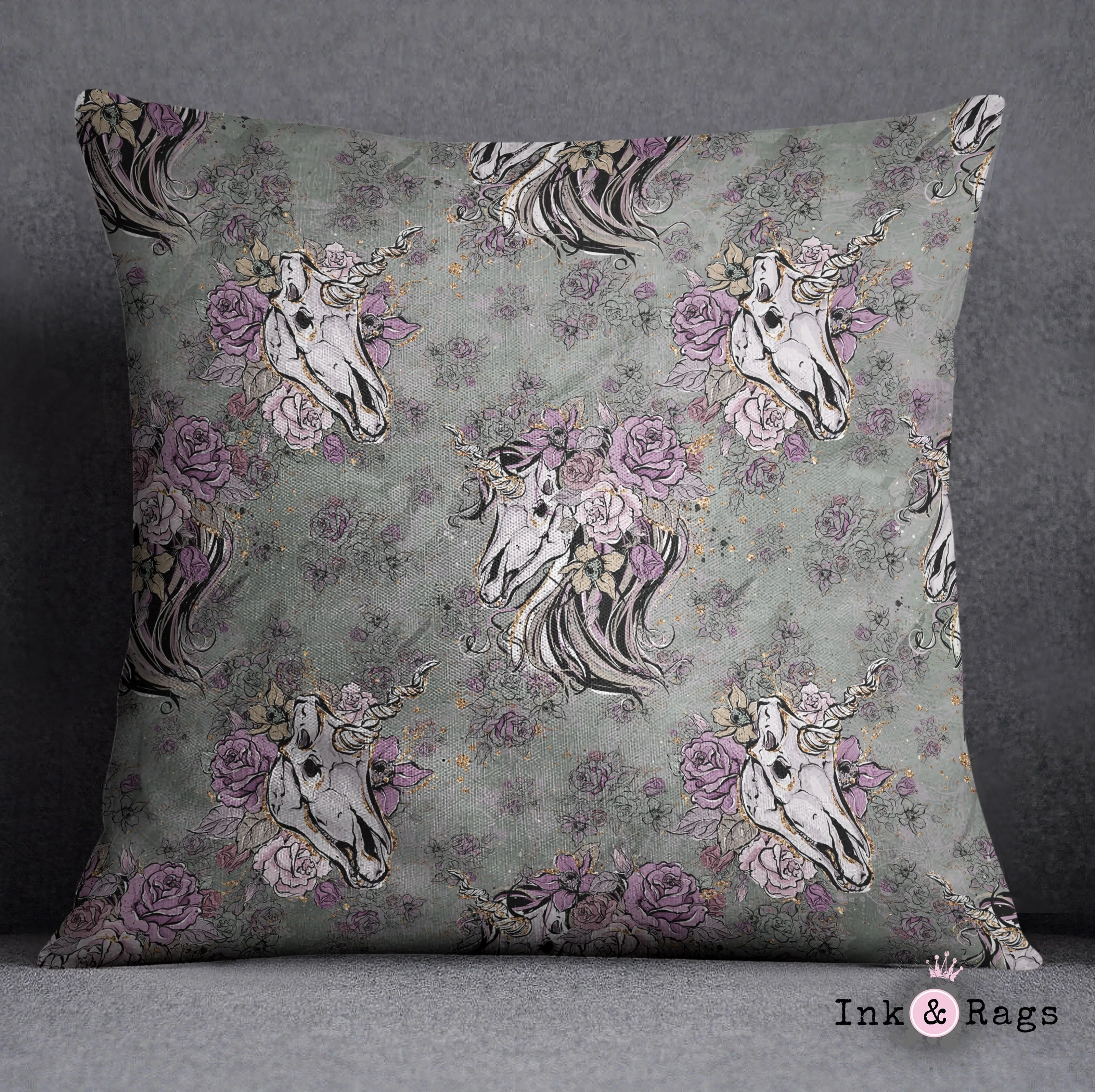 Lavender and Sage Unicorn Skull Decorative Throw and Pillow Cover Set