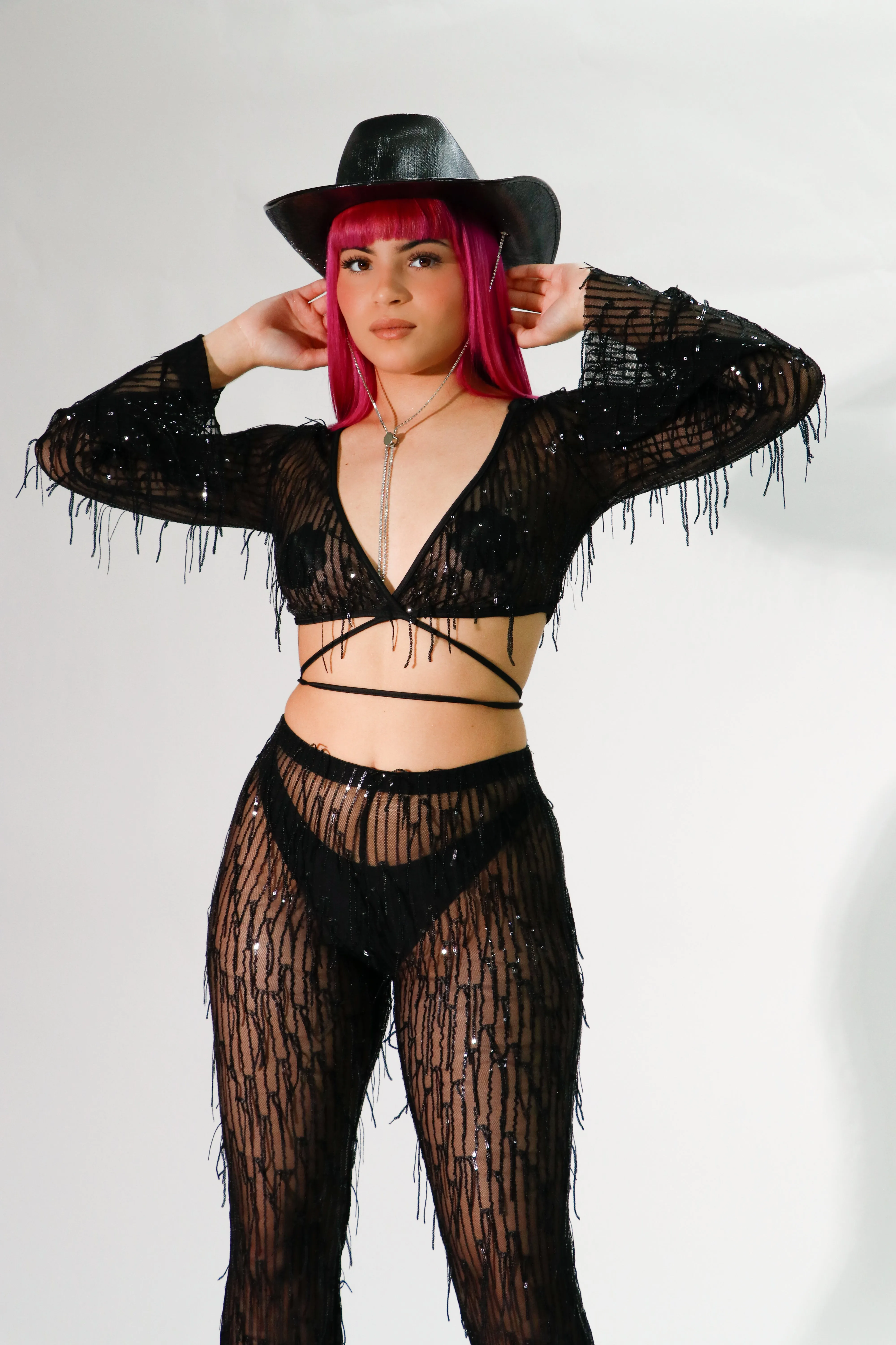 long sleeve sheer crop top and long sheer pants