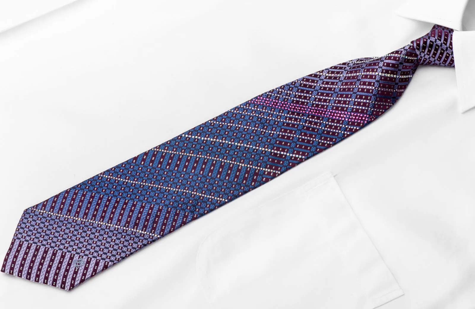 Louis Quatorze Men's Crystal Silk Tie Checkered & Striped On Purple With Silver Sparkles