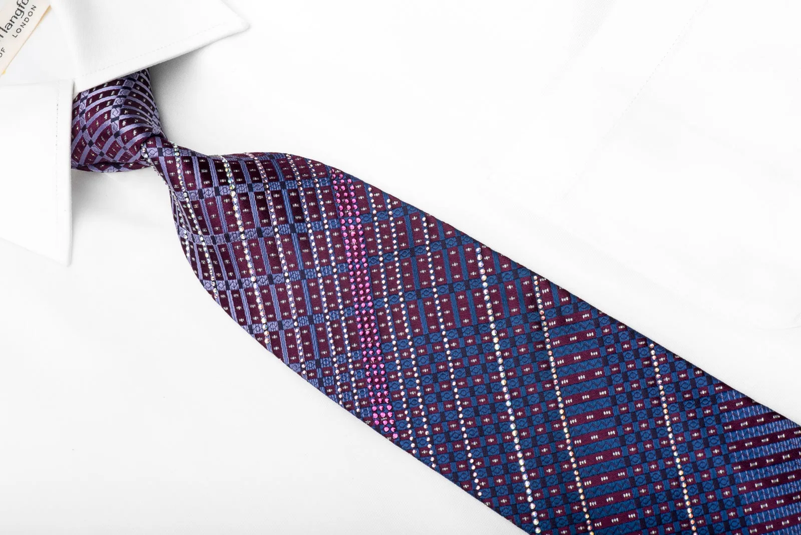 Louis Quatorze Men's Crystal Silk Tie Checkered & Striped On Purple With Silver Sparkles