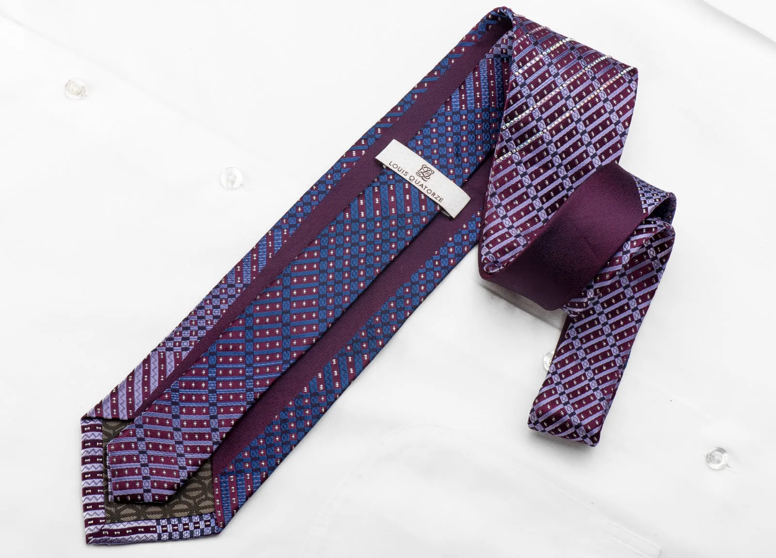 Louis Quatorze Men's Crystal Silk Tie Checkered & Striped On Purple With Silver Sparkles