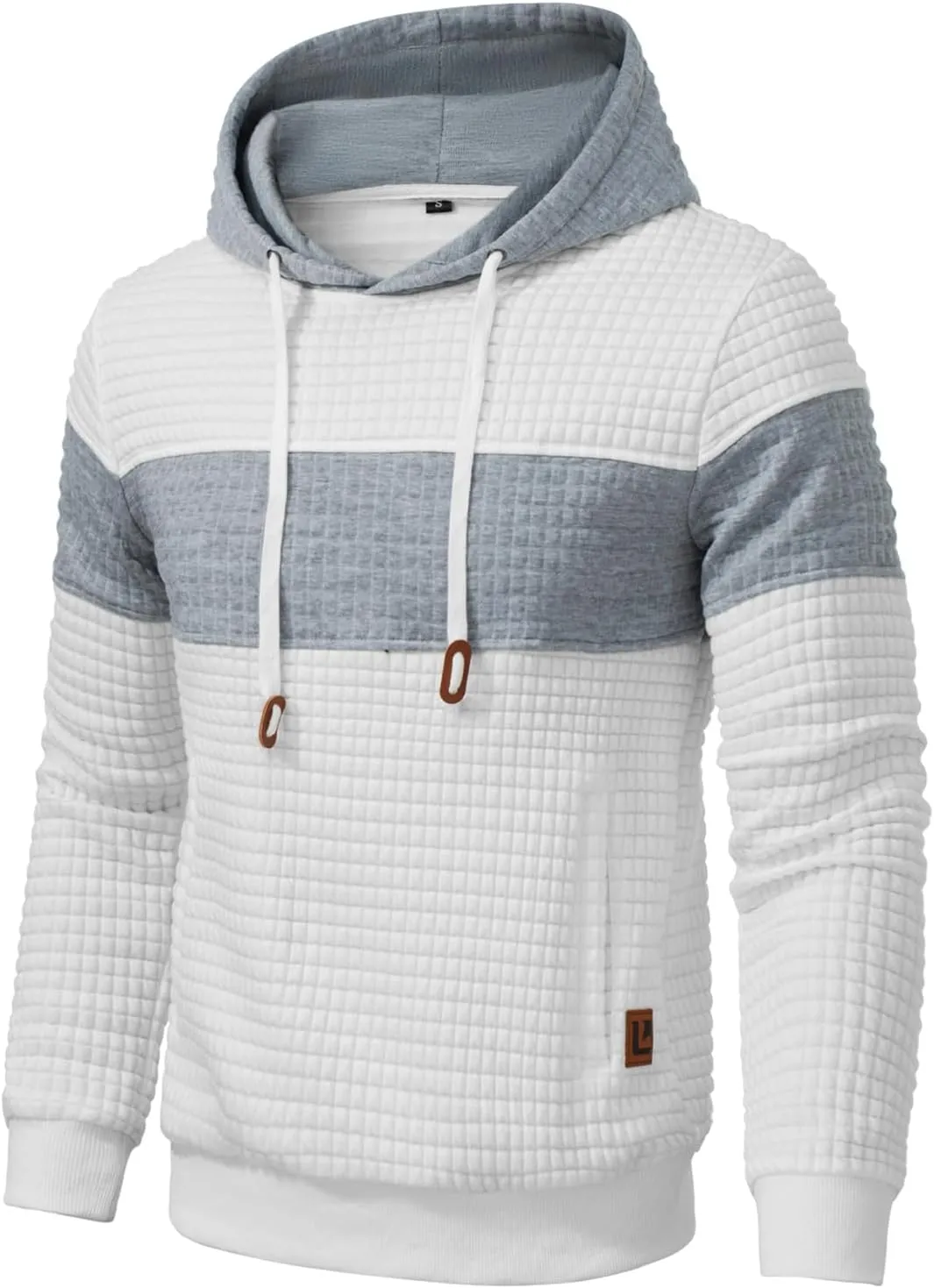 Mens Sweatshirts Long Sleeve Pullover Patchwork Plaid Jacquard Hoodie Casual Drawstring Hoody Top