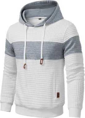 Mens Sweatshirts Long Sleeve Pullover Patchwork Plaid Jacquard Hoodie Casual Drawstring Hoody Top