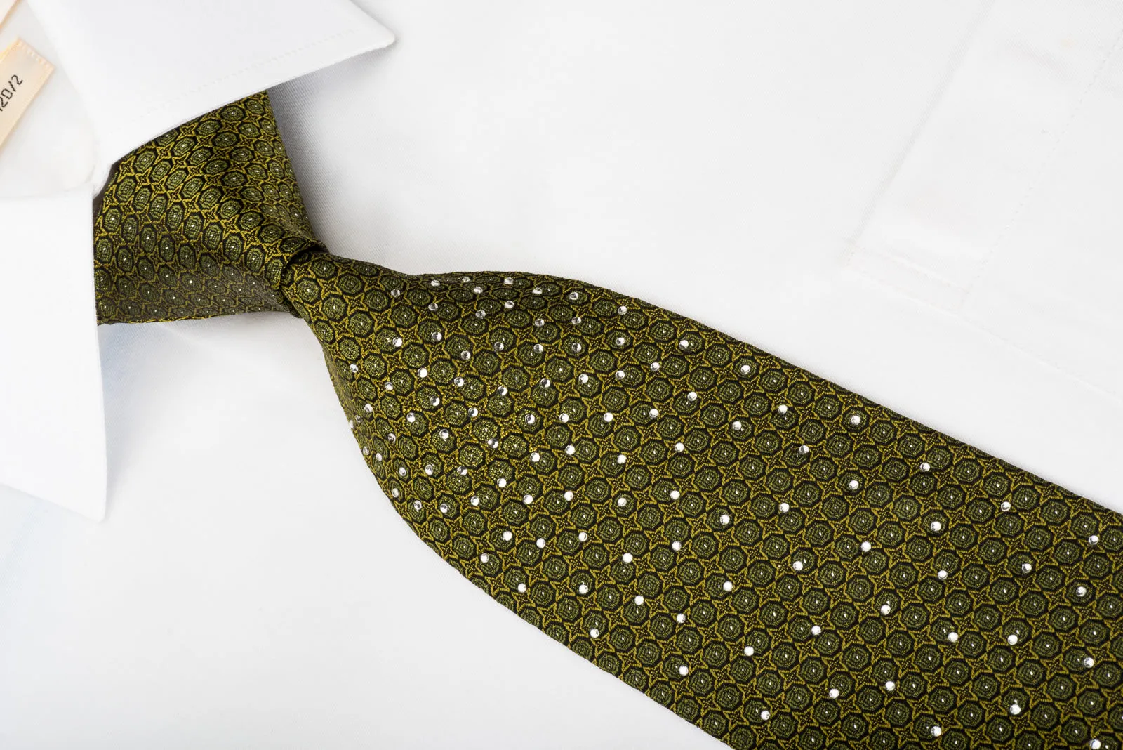 Metro City Rhinestone Silk Necktie Dots On Olive Green With Silver Sparkles