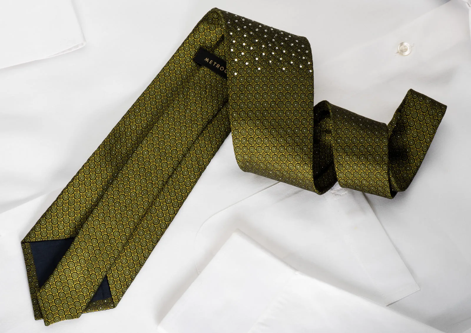 Metro City Rhinestone Silk Necktie Dots On Olive Green With Silver Sparkles