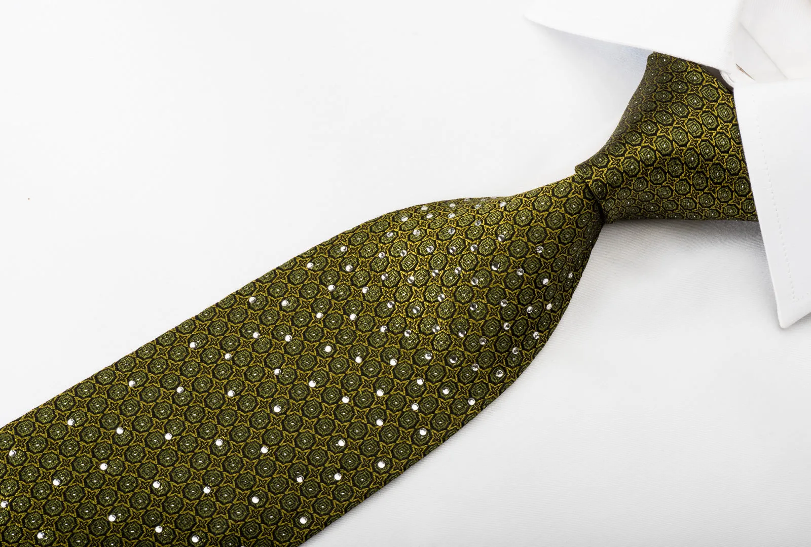 Metro City Rhinestone Silk Necktie Dots On Olive Green With Silver Sparkles