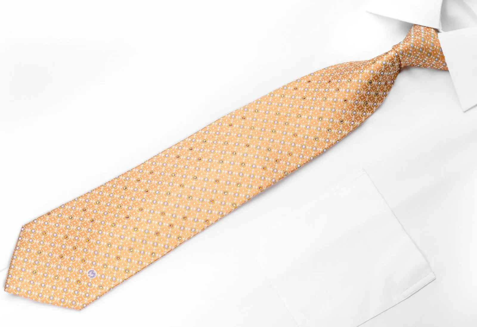 Mila Schon Men's Rhinestone Silk Necktie Circles On Orange With Silver Sparkles
