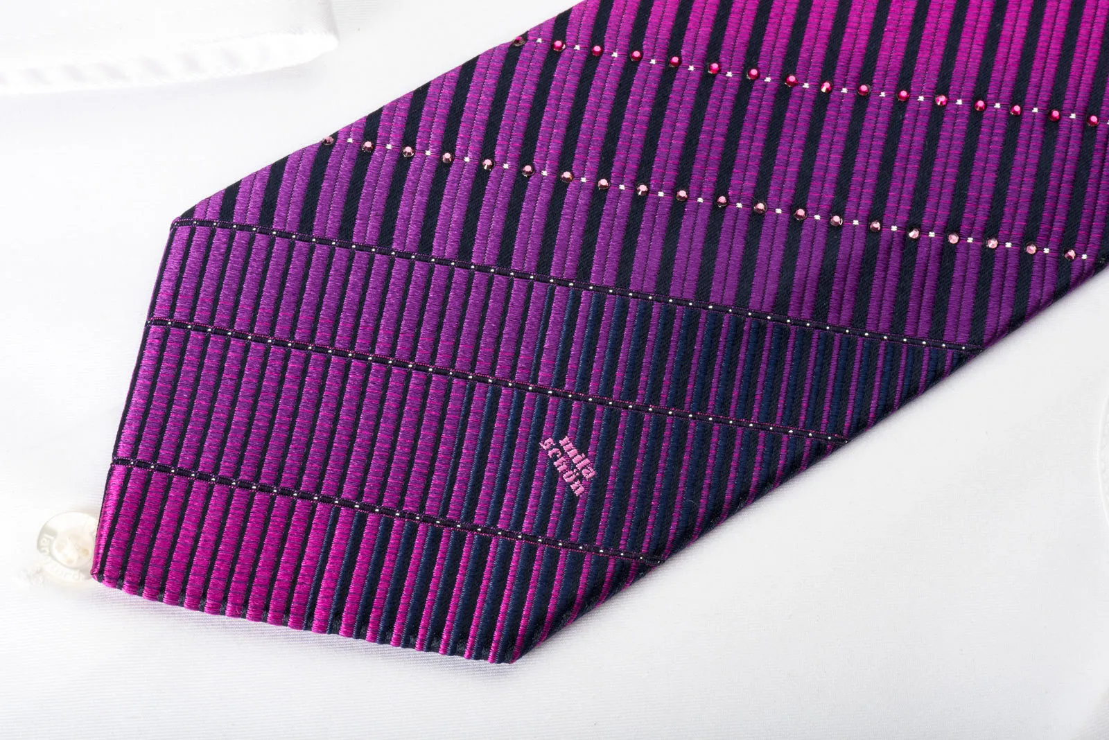Mila Schon Silk Rhinestone Necktie Purple Striped On Navy With Silver Sparkles