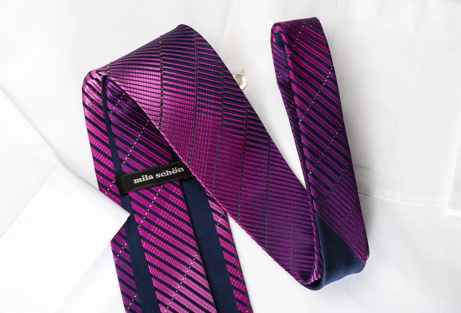 Mila Schon Silk Rhinestone Necktie Purple Striped On Navy With Silver Sparkles