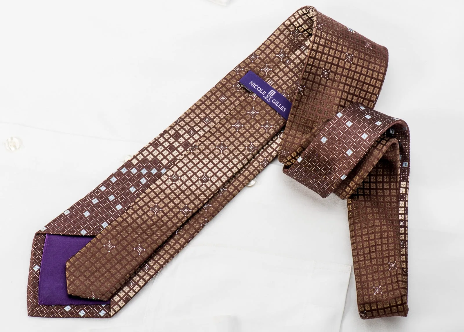 Nicole St Giles Men's Rhinestone Silk Necktie Golden Checker On Brown With Silver Sparkles