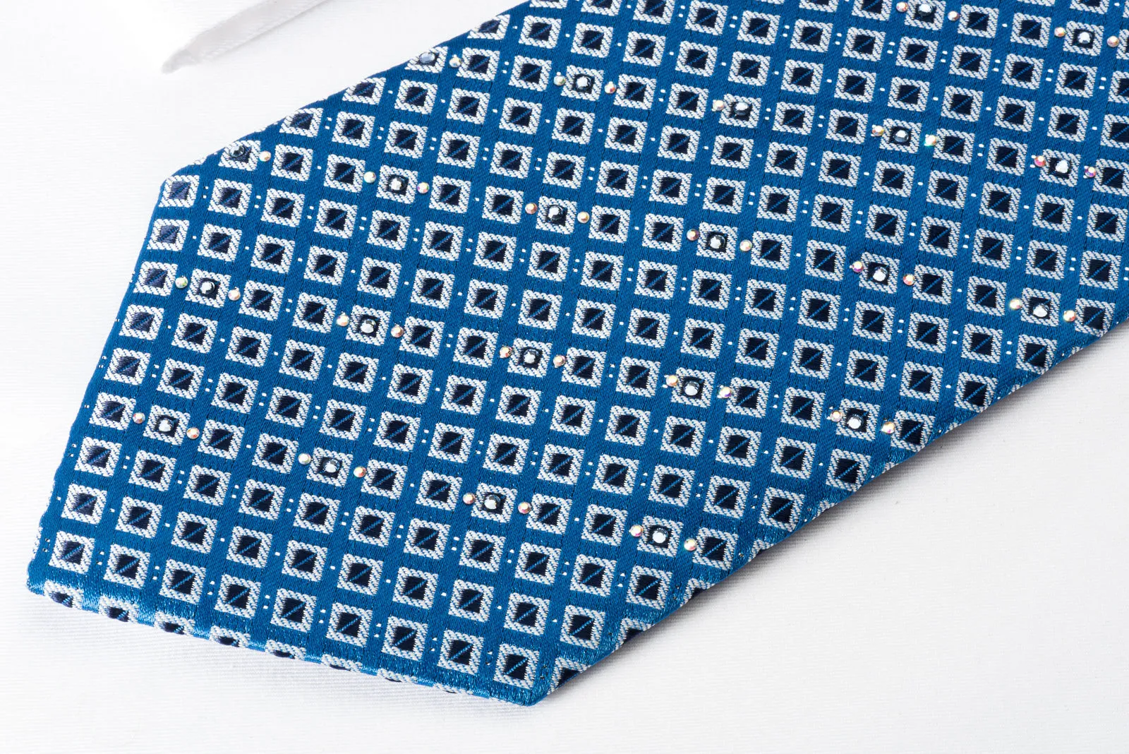 Nicole St Giles Silk Rhinestone Necktie Checker On Blue With Silver Sparkles