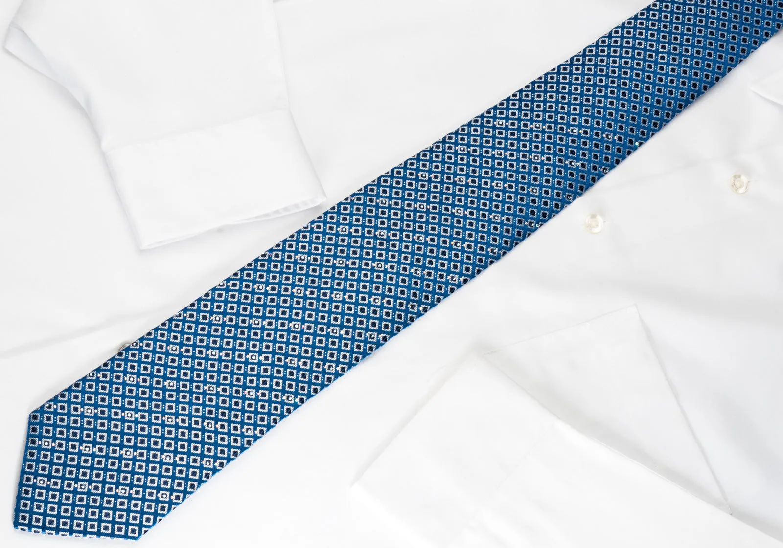 Nicole St Giles Silk Rhinestone Necktie Checker On Blue With Silver Sparkles