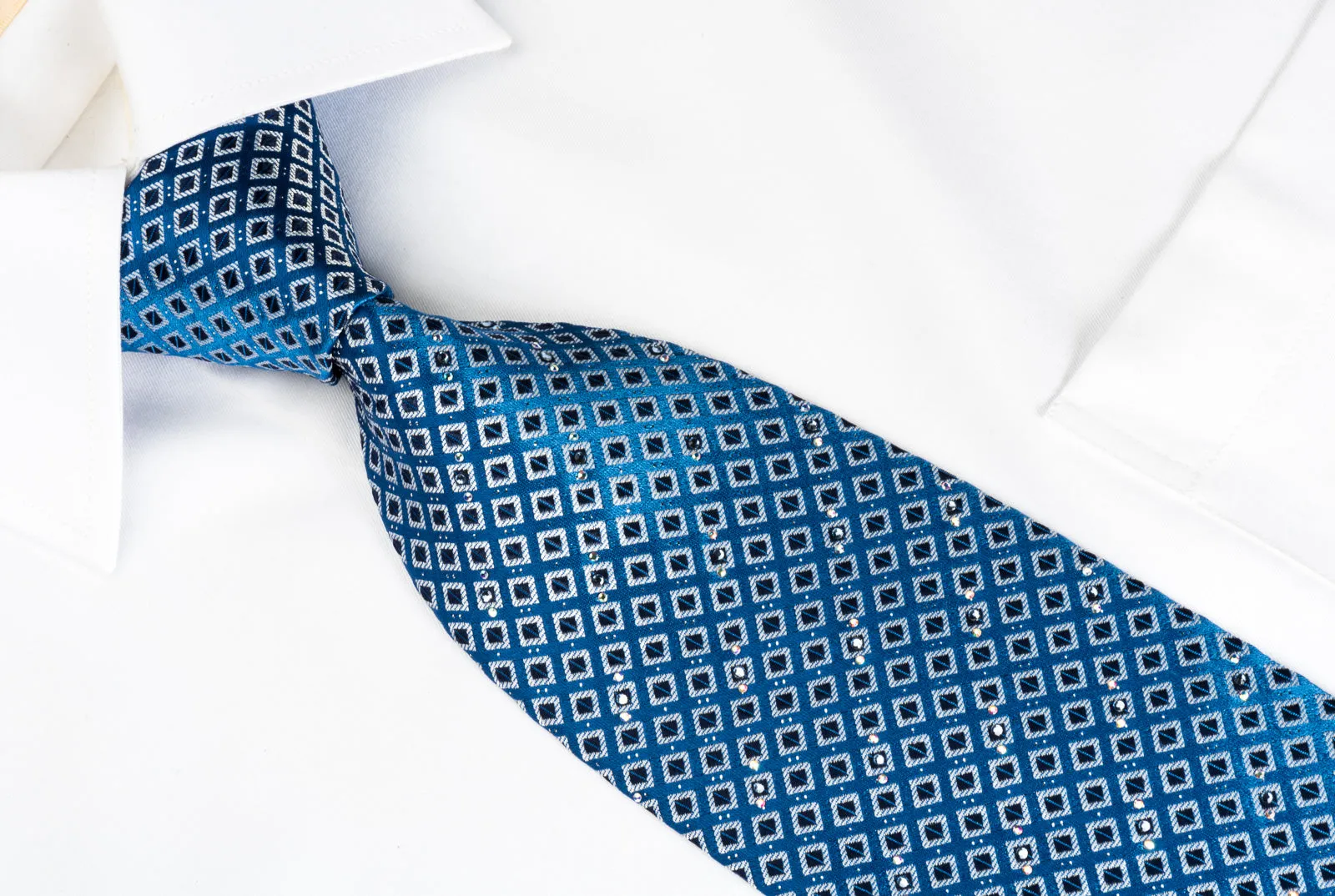 Nicole St Giles Silk Rhinestone Necktie Checker On Blue With Silver Sparkles