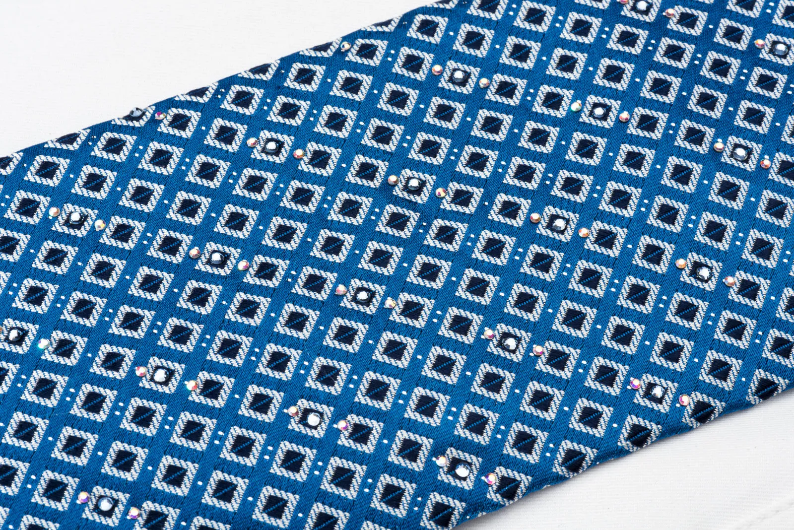 Nicole St Giles Silk Rhinestone Necktie Checker On Blue With Silver Sparkles