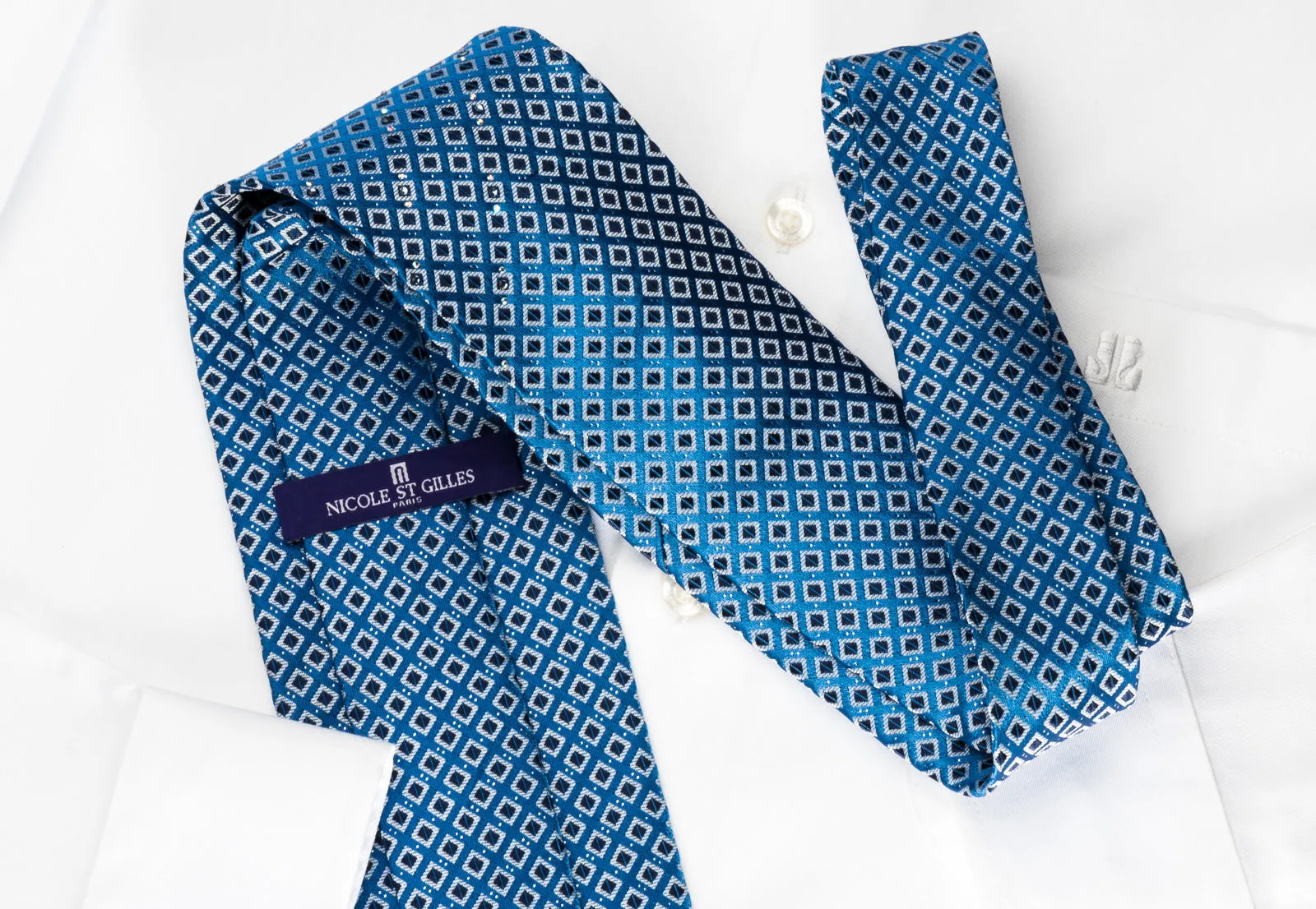 Nicole St Giles Silk Rhinestone Necktie Checker On Blue With Silver Sparkles