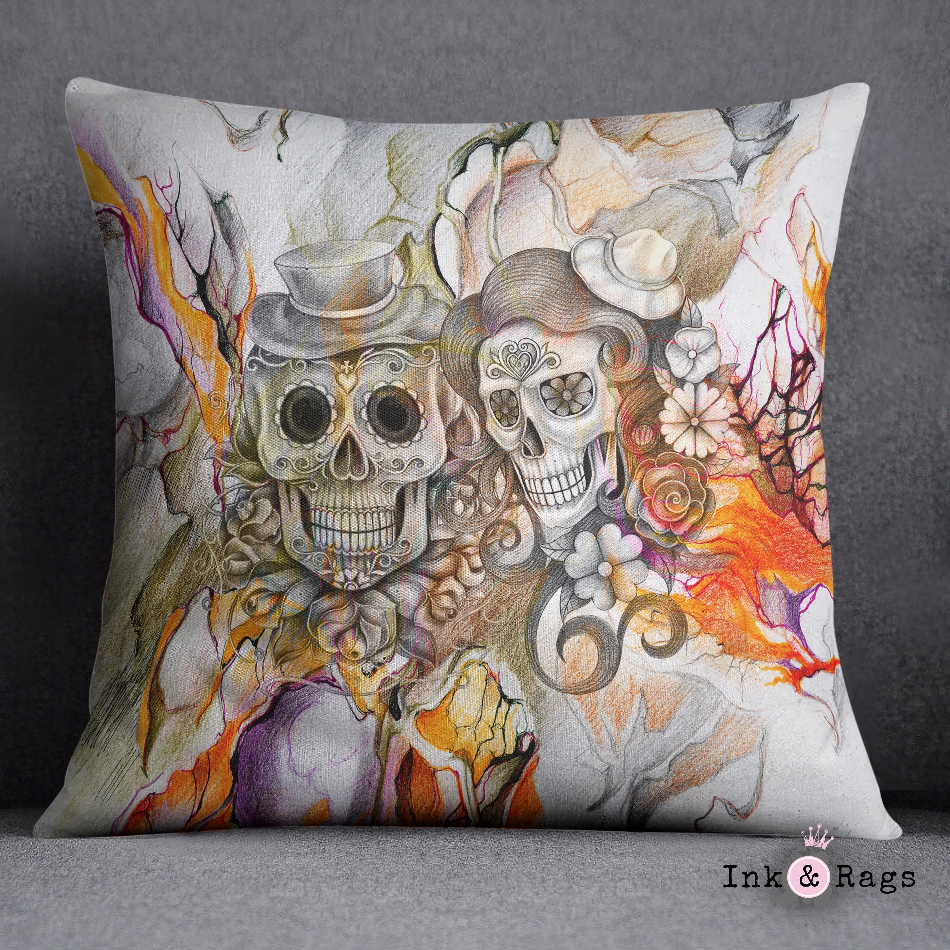 Orange Pencil Sketch Sugar Skull Couple Throw and Pillow Cover Set