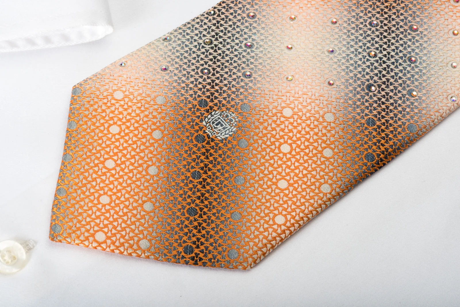 Paco Rabanne Silk Necktie Orange Silver Geometric With Rhinestones