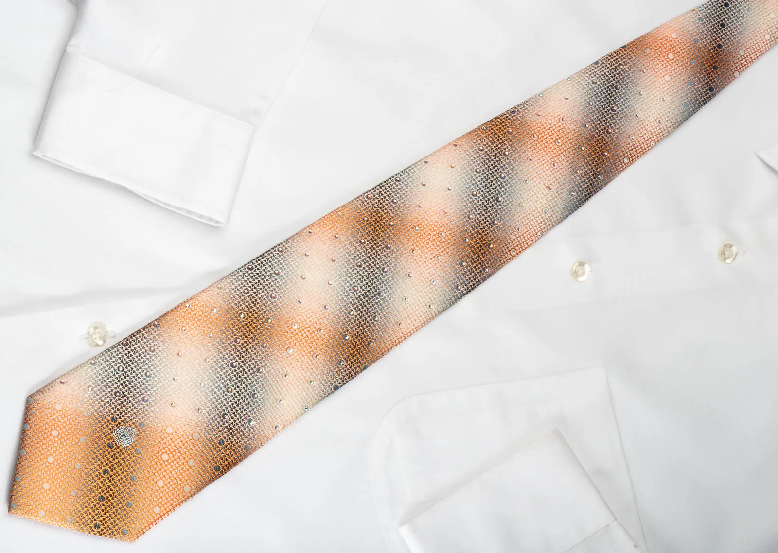 Paco Rabanne Silk Necktie Orange Silver Geometric With Rhinestones