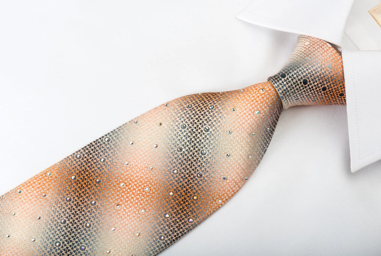 Paco Rabanne Silk Necktie Orange Silver Geometric With Rhinestones