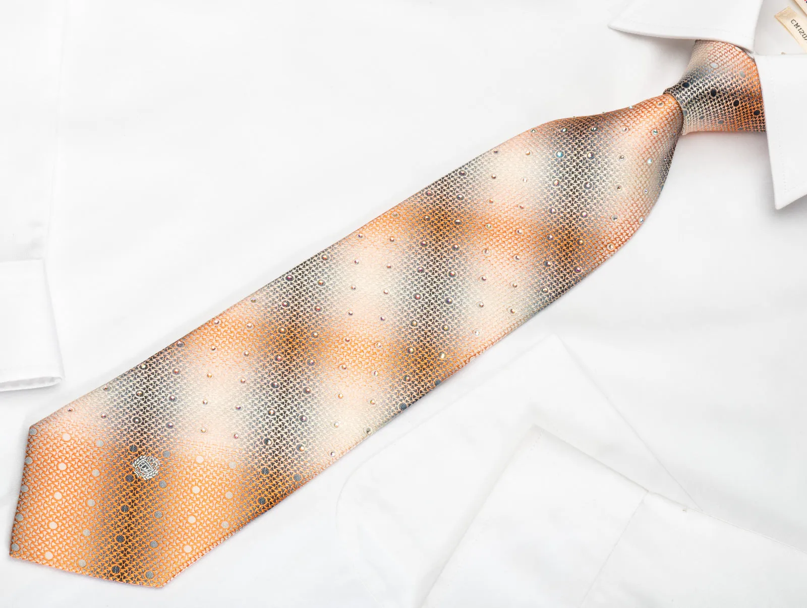 Paco Rabanne Silk Necktie Orange Silver Geometric With Rhinestones