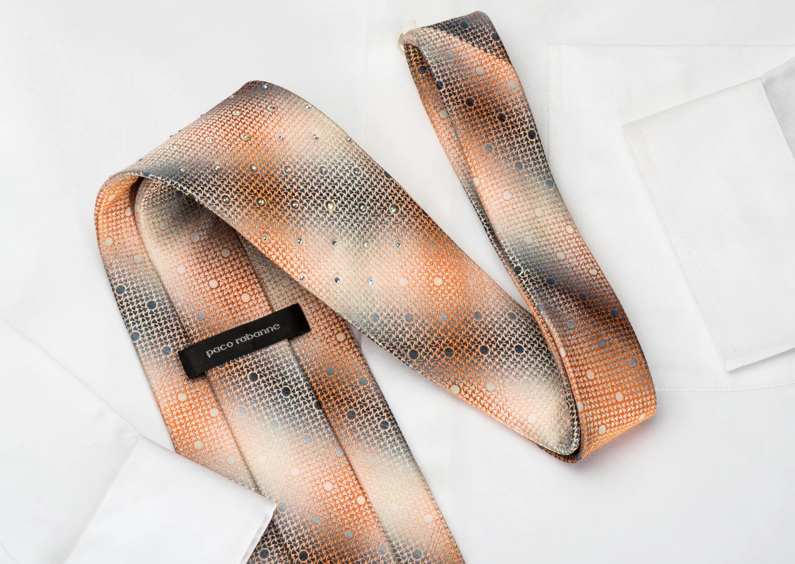 Paco Rabanne Silk Necktie Orange Silver Geometric With Rhinestones