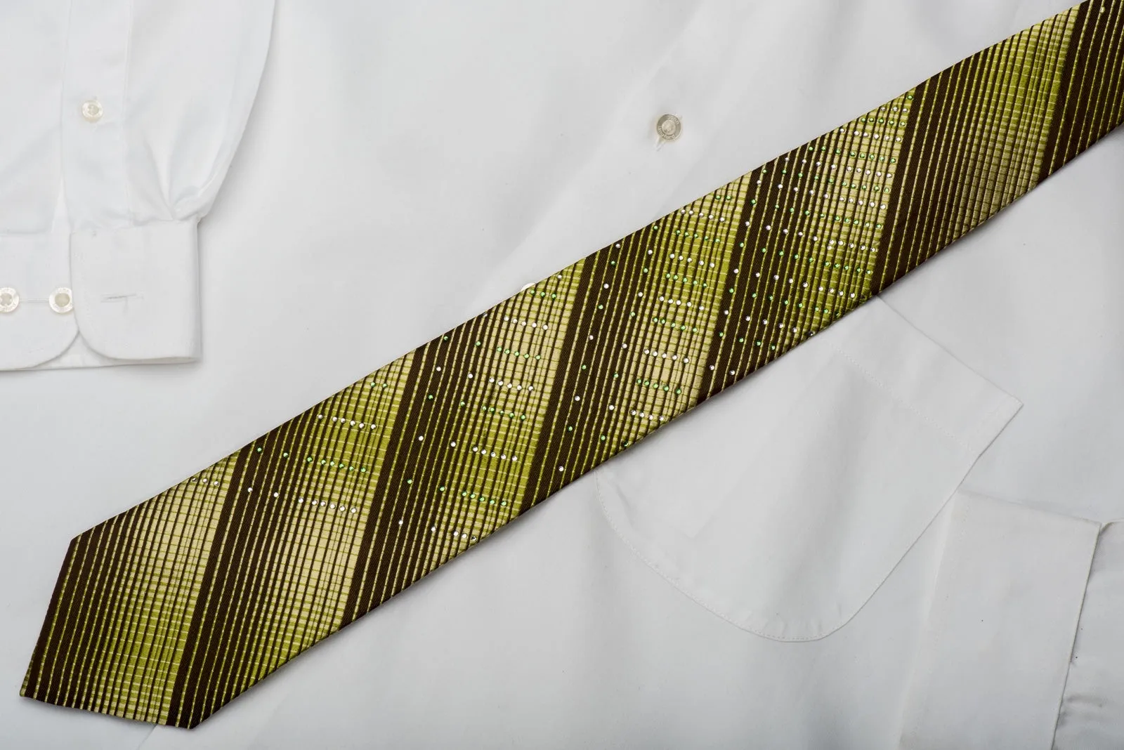 Perry Ellis Men's Silk Tie Green Stripes On Brown Sparkling With Rhinestones