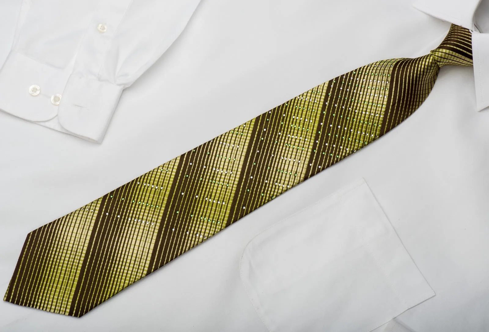 Perry Ellis Men's Silk Tie Green Stripes On Brown Sparkling With Rhinestones