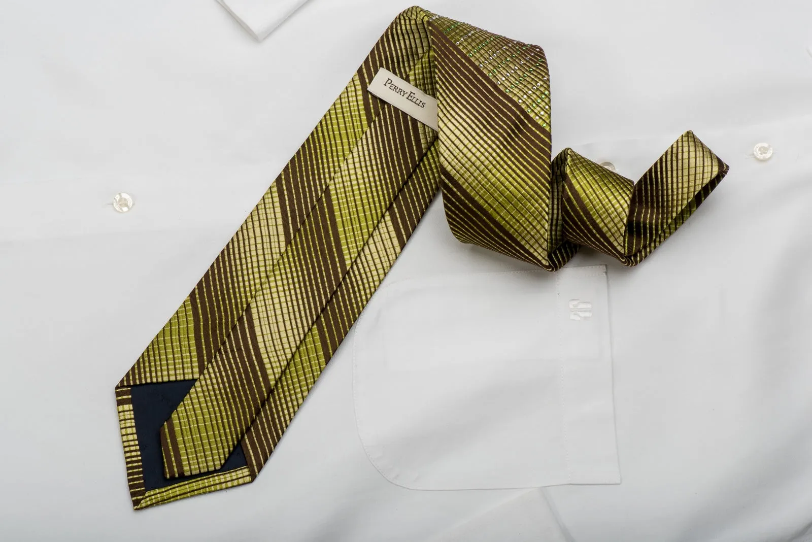 Perry Ellis Men's Silk Tie Green Stripes On Brown Sparkling With Rhinestones