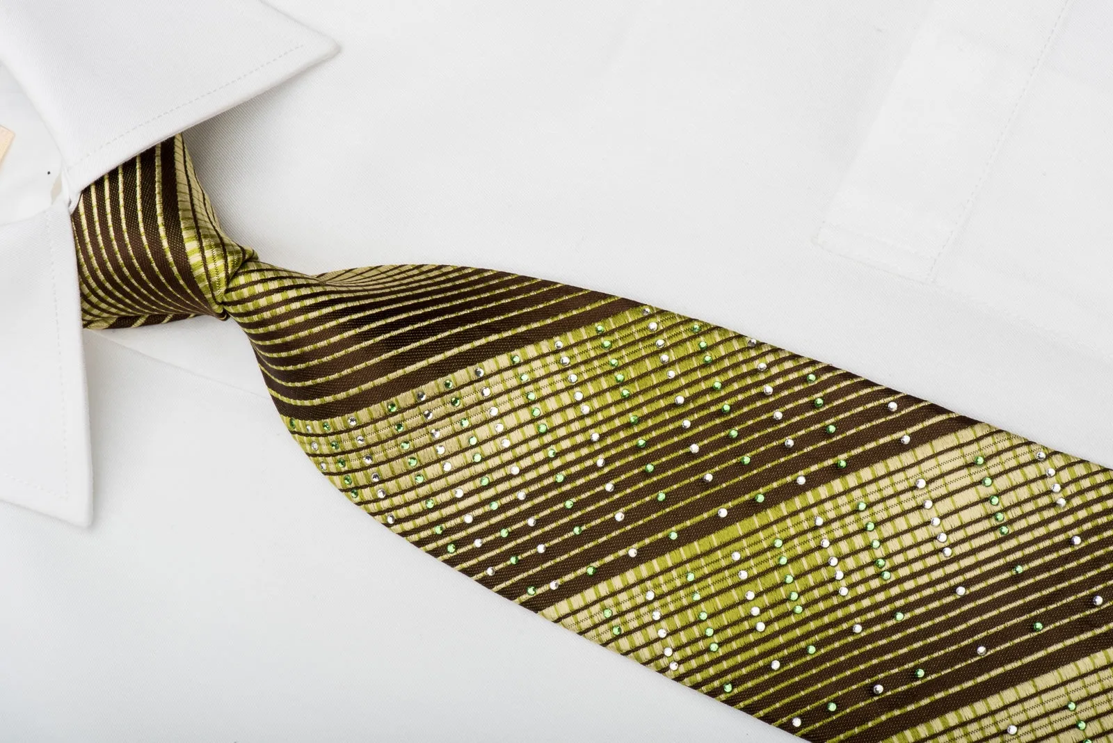 Perry Ellis Men's Silk Tie Green Stripes On Brown Sparkling With Rhinestones