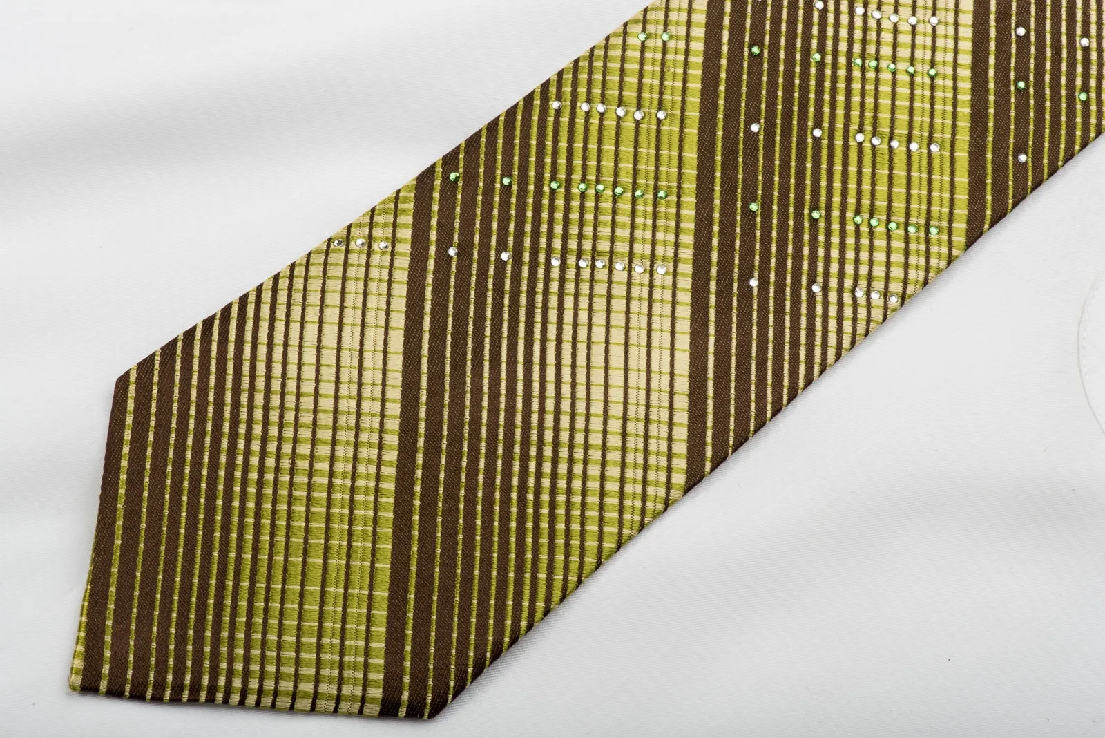 Perry Ellis Men's Silk Tie Green Stripes On Brown Sparkling With Rhinestones