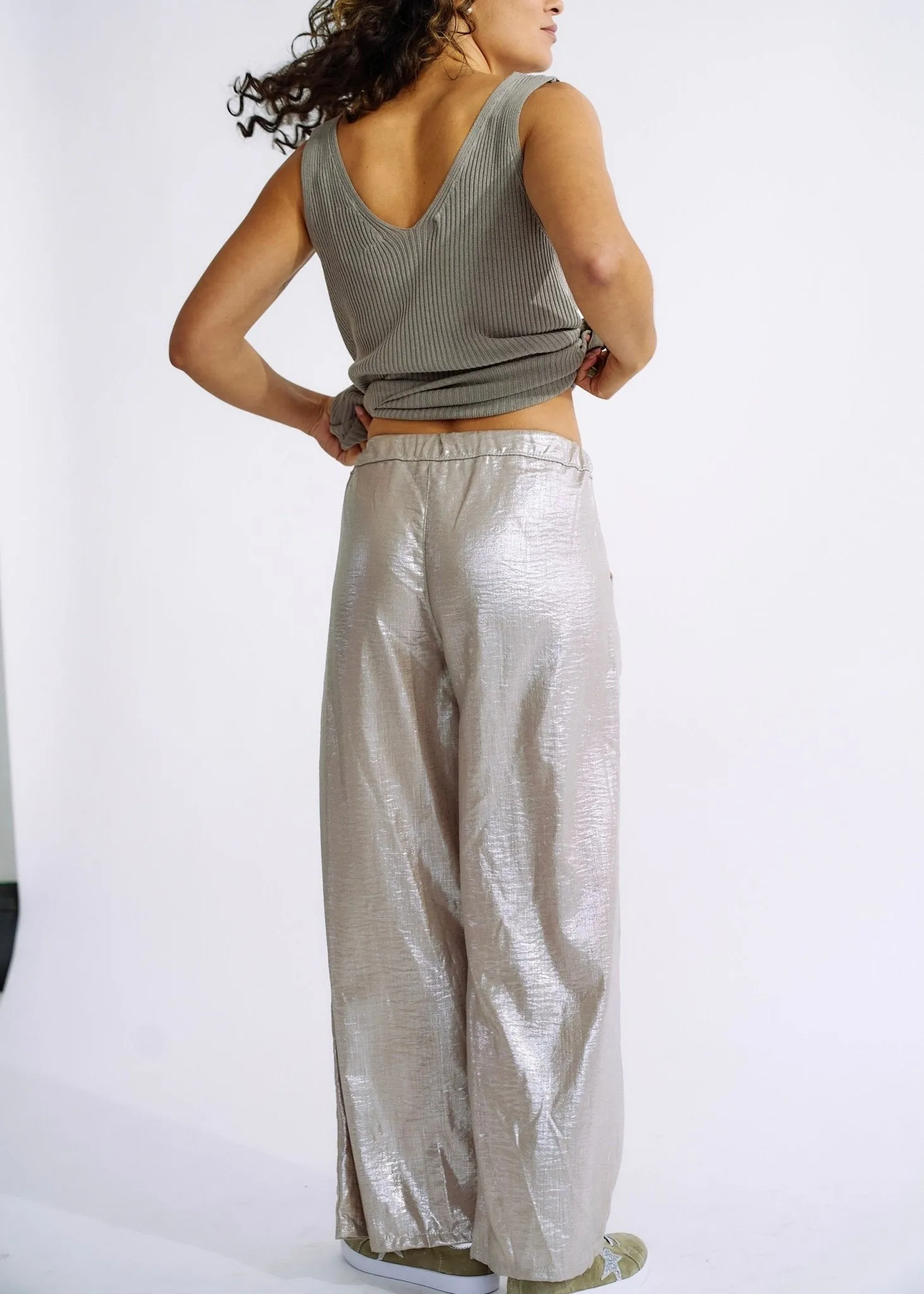 Pure Linen Italian Wide Leg Shimmer Pants in Champagne