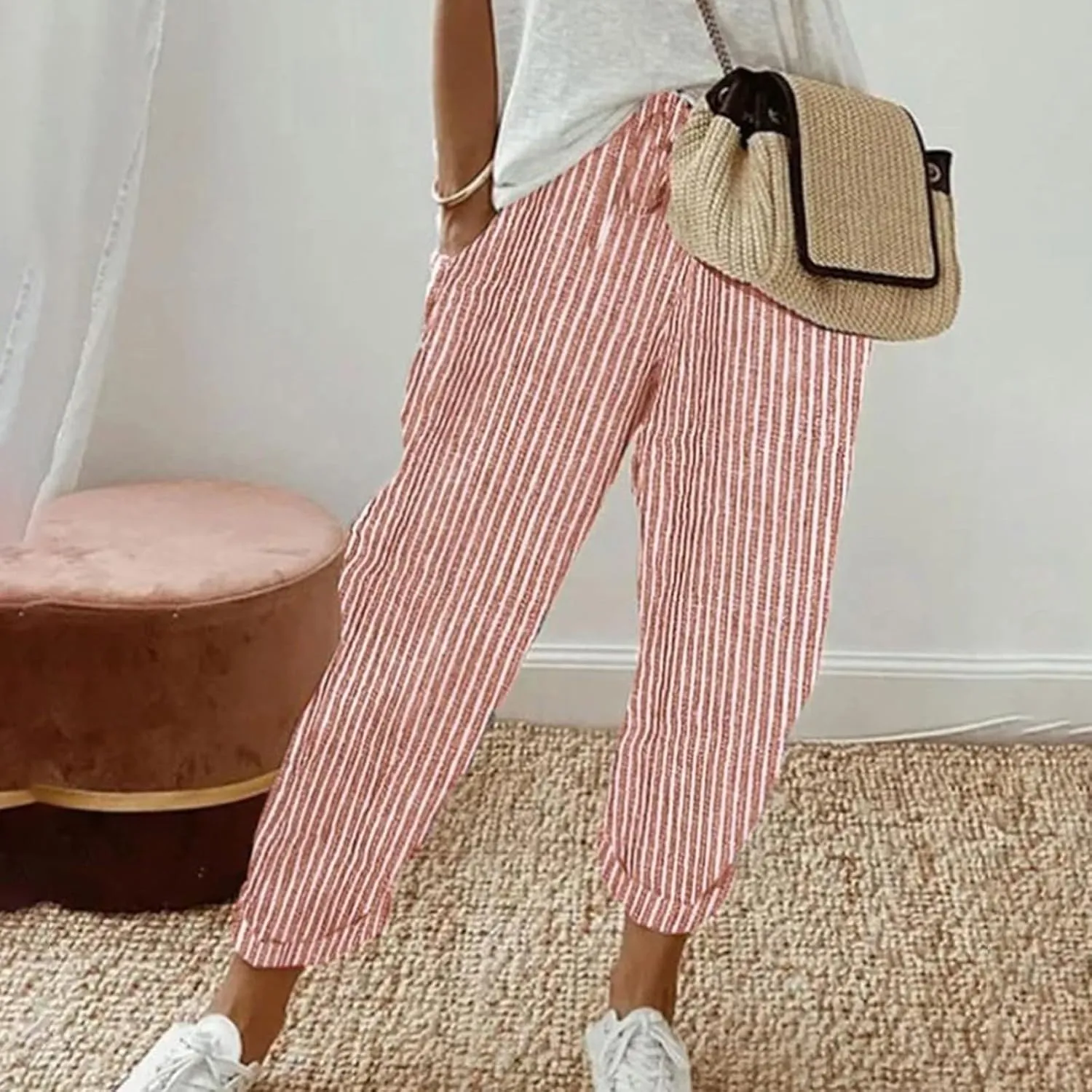 Summer Pants for Women, Drawstring Baggy Beach Trousers High Waisted Vacation Wide Leg Business Slacks Outfits