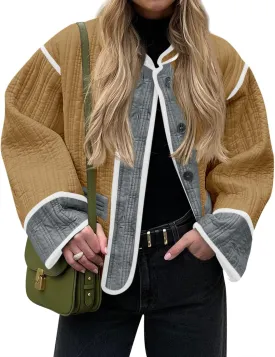 Tankaneo Womens Cropped Quilted Jacket Color Block Lightweight Button Down Coats Fall Casual Puffer Outerwear