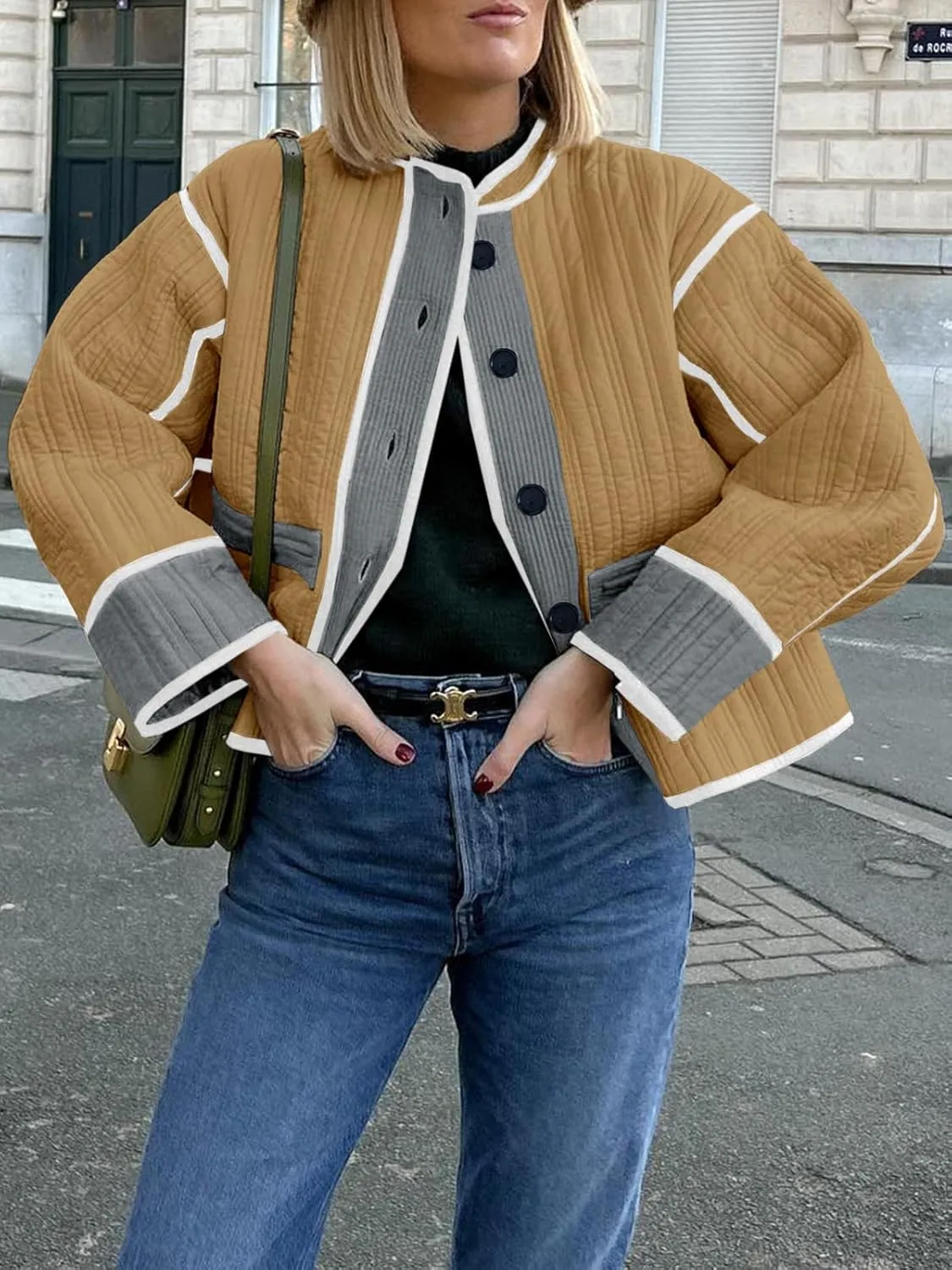 Tankaneo Womens Cropped Quilted Jacket Color Block Lightweight Button Down Coats Fall Casual Puffer Outerwear