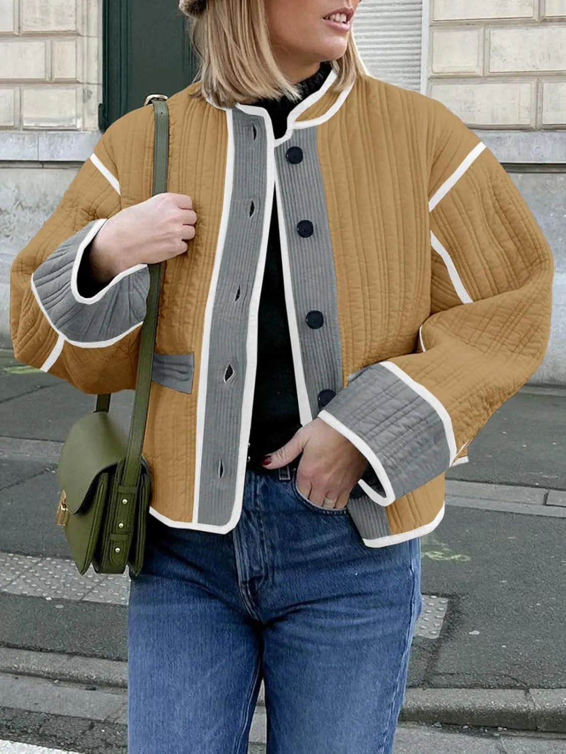 Tankaneo Womens Cropped Quilted Jacket Color Block Lightweight Button Down Coats Fall Casual Puffer Outerwear