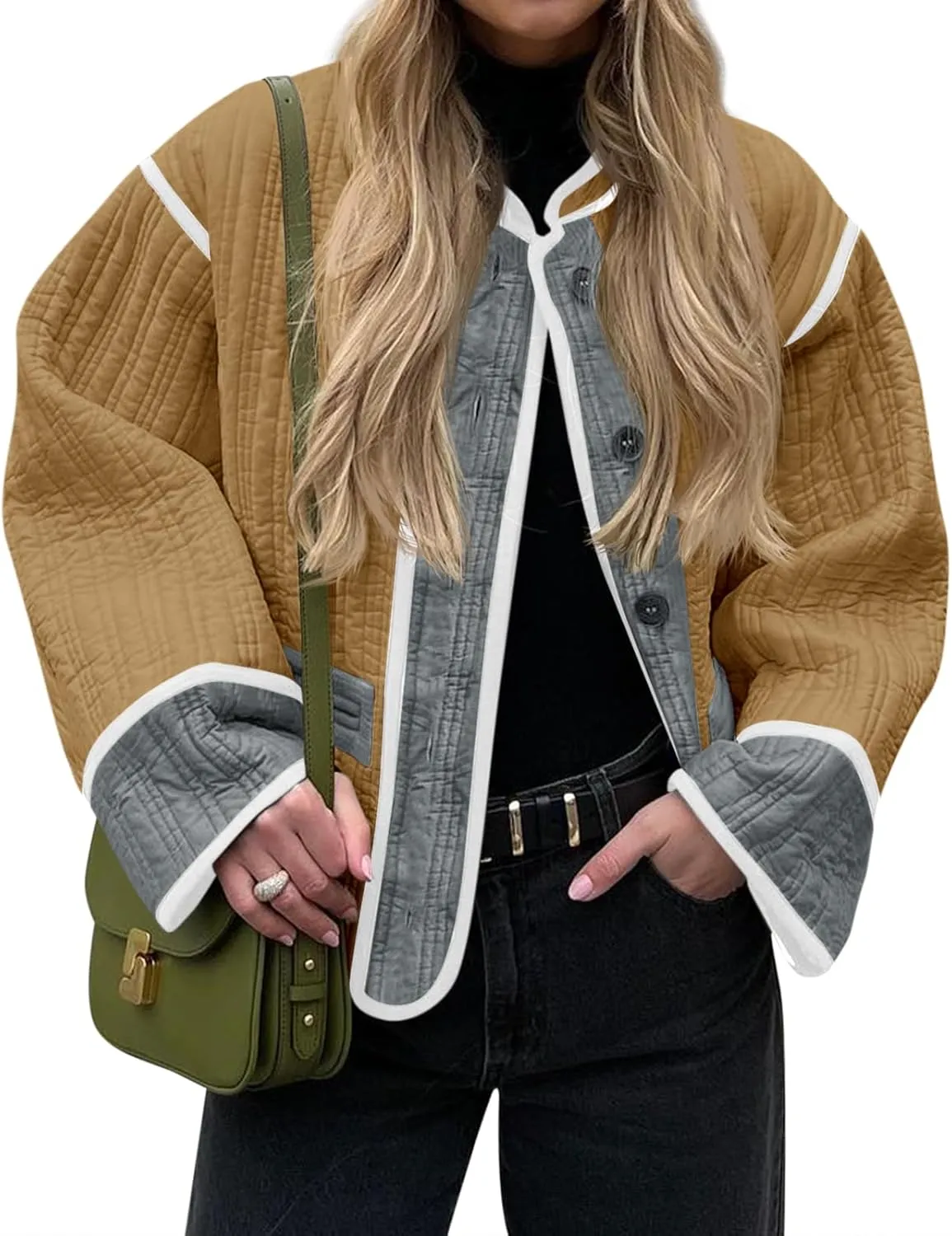 Tankaneo Womens Cropped Quilted Jacket Color Block Lightweight Button Down Coats Fall Casual Puffer Outerwear