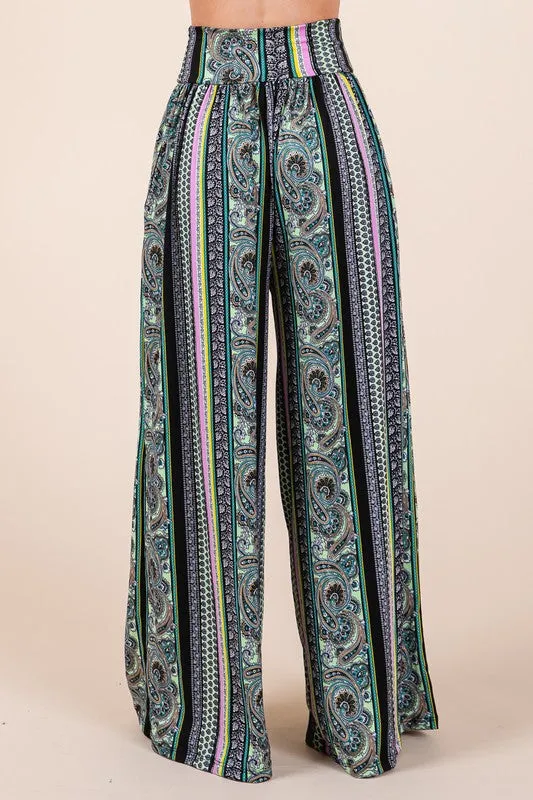 TEEK - Boho Print Wide Leg Pocketed Pants