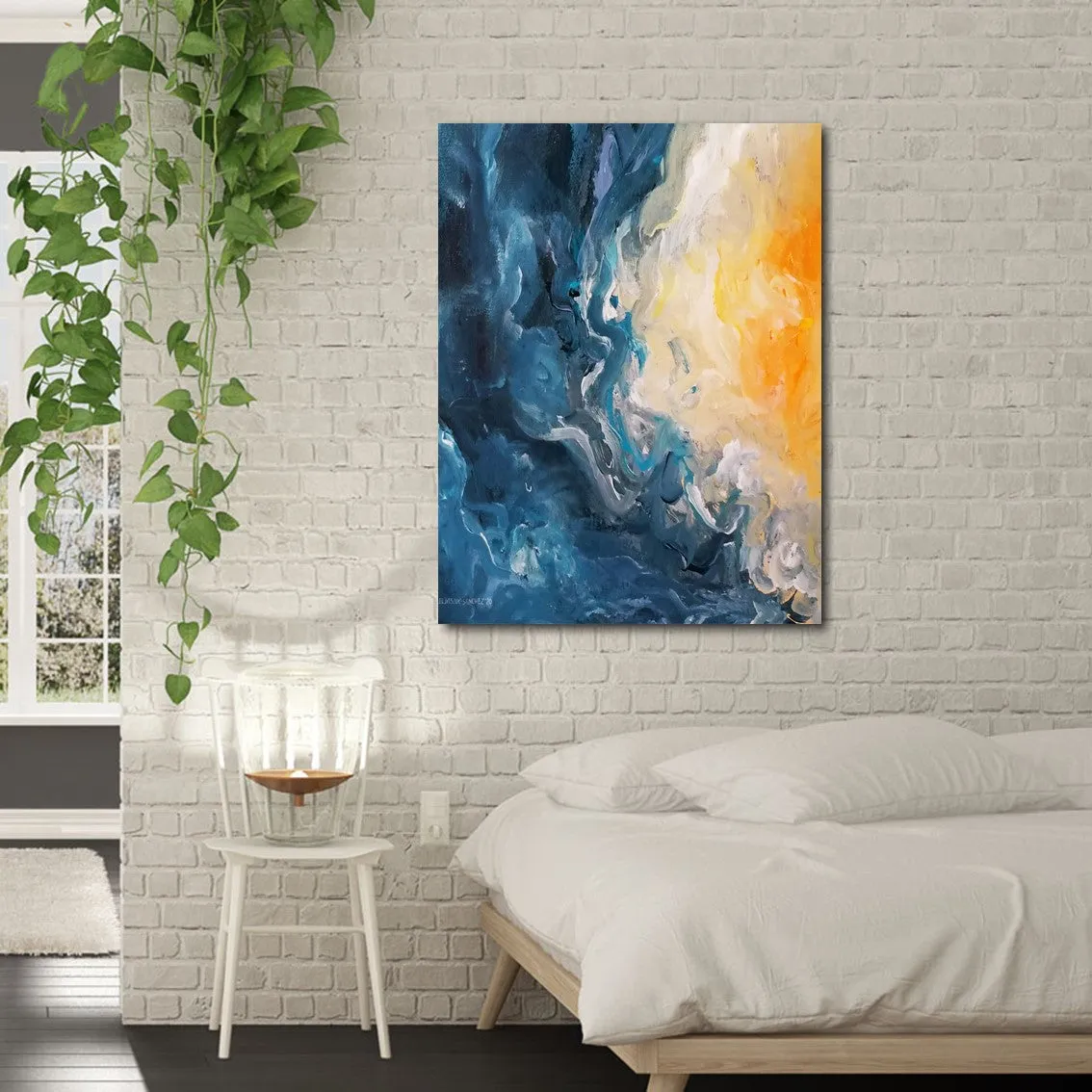 Vertical blue & orange abstract seascape wall art print